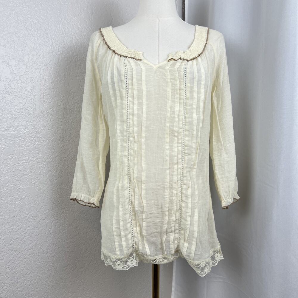 Y2K Maurices Top Womens Small Cream Sheer Lace Hem Boho Cottagecore Prairie